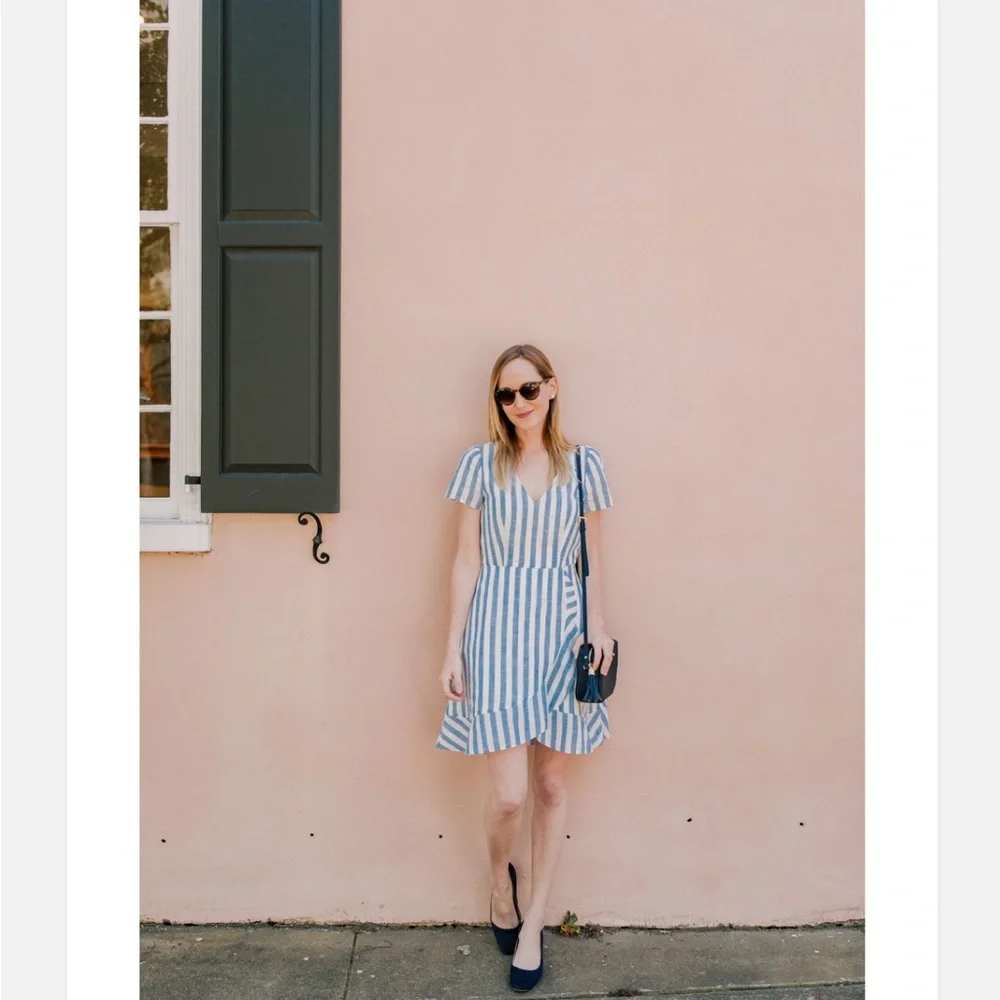 J. Crew Classic Striped Ruffle V-Neck Dress Size 4 Light Blue and Off-White